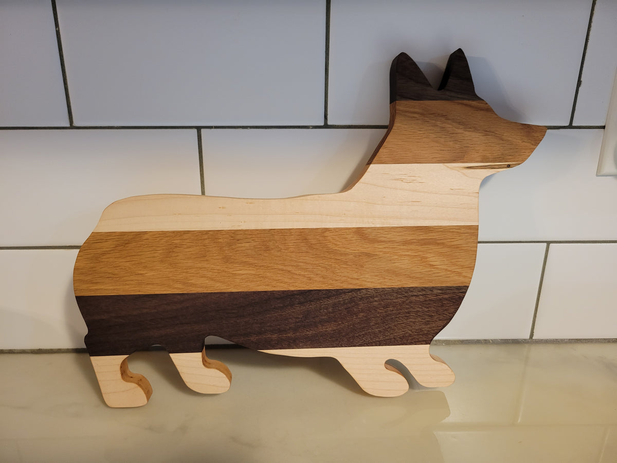 Corgi Dog Charcuterie board handmade from oak, walnut, maple.